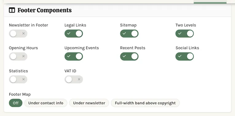 The footer component toggles with their status pills.